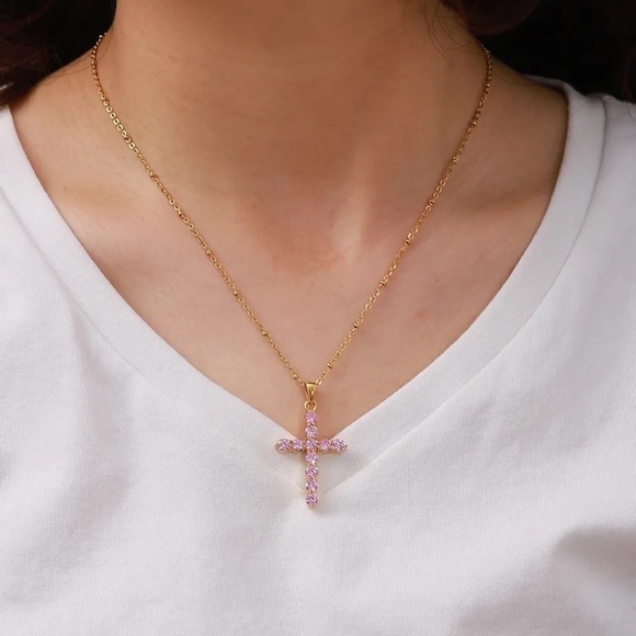 18K Gold Plated Pink Cubic Zirconia Cross Pendant Necklace - Picture 2 of 7